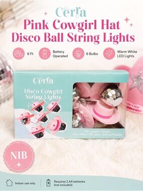 Pink Cowgirl Hat Disco Ball String Lights - Battery Operated